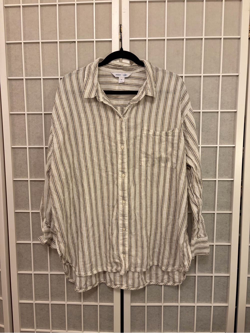 Linen Blend Loose Button Down Neutral Stripe Boyfriend shirt - Picture 10 of 11
